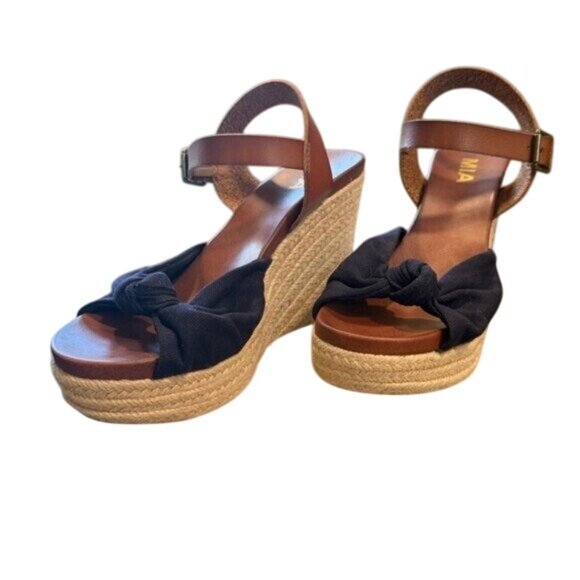 New Size 6 1/2 MIA Navy Blue and Brown Rope Knotted Wedge Sandals - Picture 6 of 11